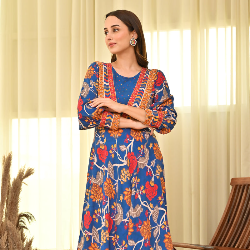 Navy Blue Handkerchief Dress with Bishop Sleeves