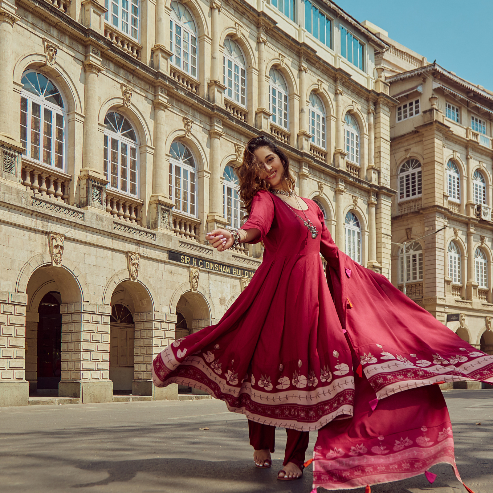 Maroon Pink Floral Flared Kurta