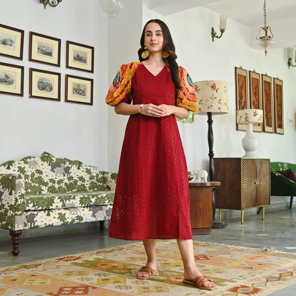 Idyllic Weave Maroon Multicolor Schiffli Tie Dye Dress with Balloon Sleeves