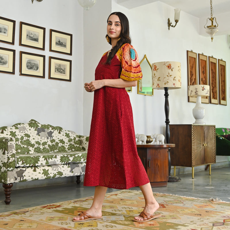 Idyllic Weave Maroon Multicolor Schiffli Tie Dye Dress with Balloon Sleeves