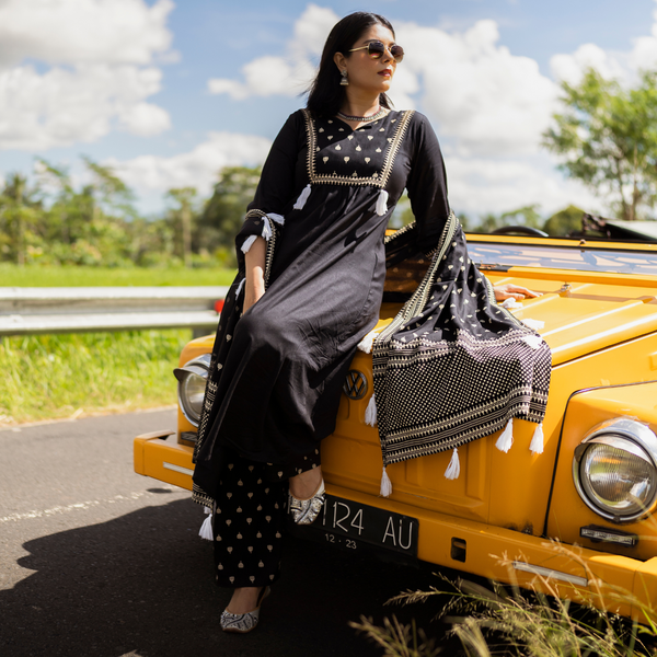 Black Front Gathered Kurta Pant and Dupatta Set with Tassels