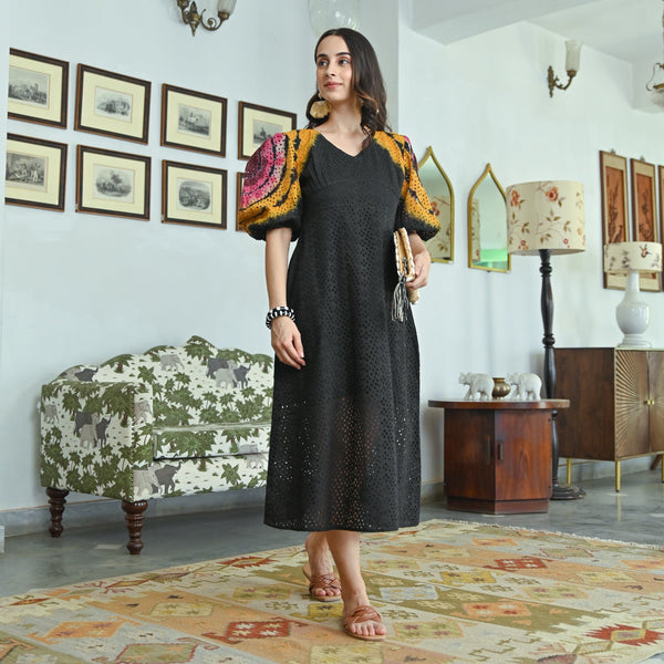 Idyllic Weave Black Multicolor Schiffli Tie Dye Dress with Balloon Sleeves