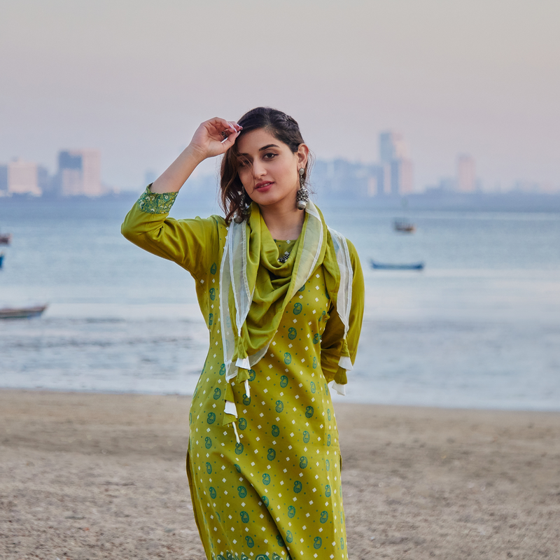 Olive Paisley Round Hem Kurta with Salwaar Pants & Scarf