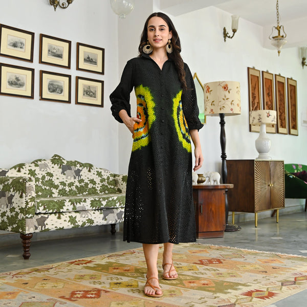 Serene Dawn Black Multicolor Schiffli Tie Dye Dress