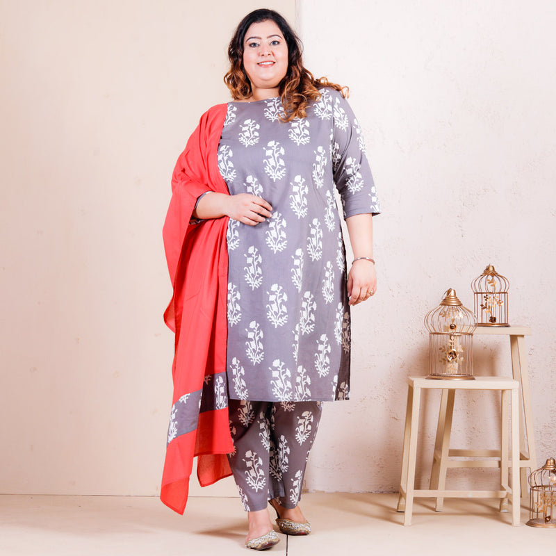 Grey Buta Printed Salwar Kurta Set with Pocket Details & Peach Odhna - SOY