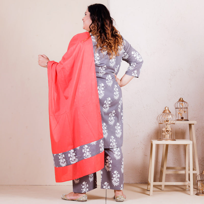 Grey Buta Printed Salwar Kurta Set with Pocket Details & Peach Odhna - SOY