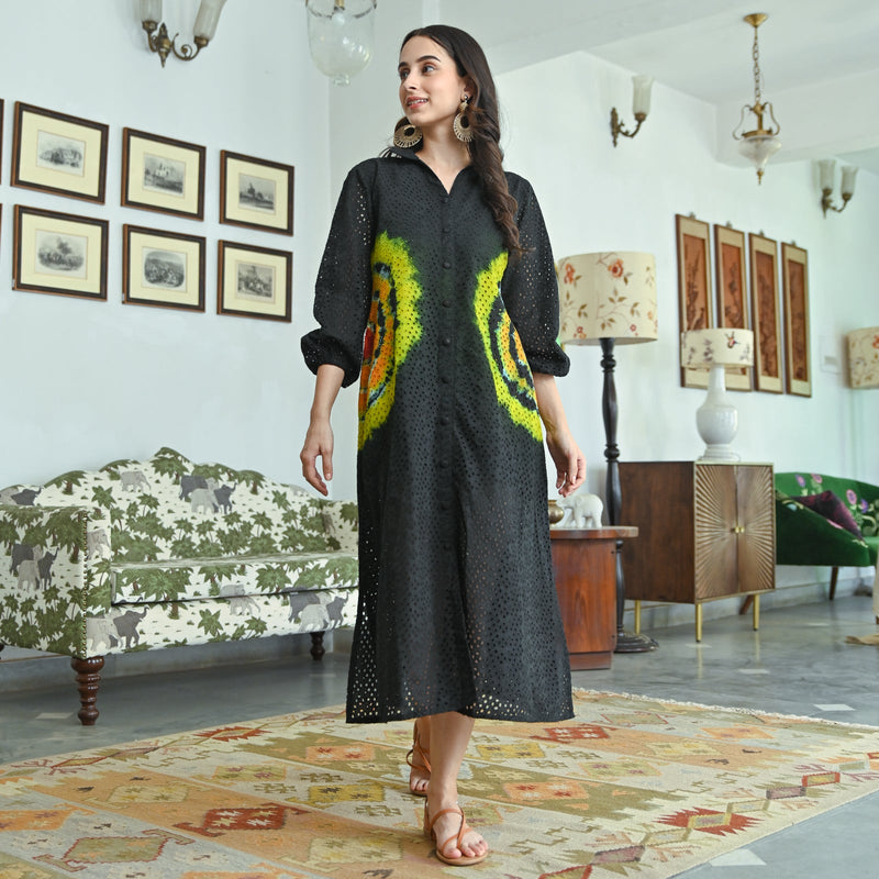 Serene Dawn Black Multicolor Schiffli Tie Dye Dress