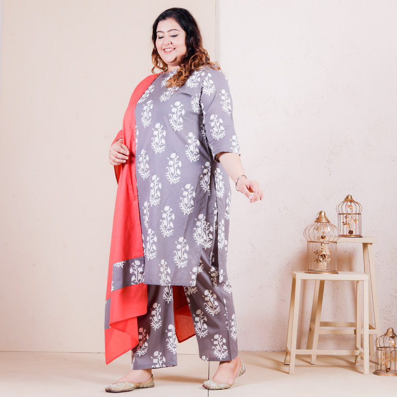 Grey Buta Printed Salwar Kurta Set with Pocket Details & Peach Odhna - SOY