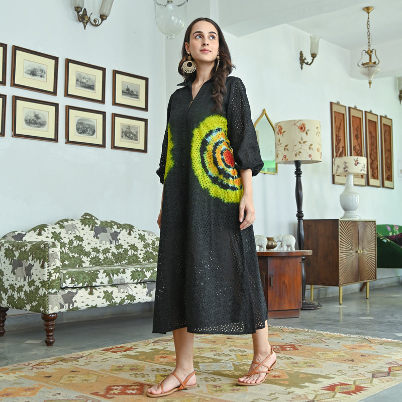 Serene Dawn Black Multicolor Schiffli Tie Dye Dress