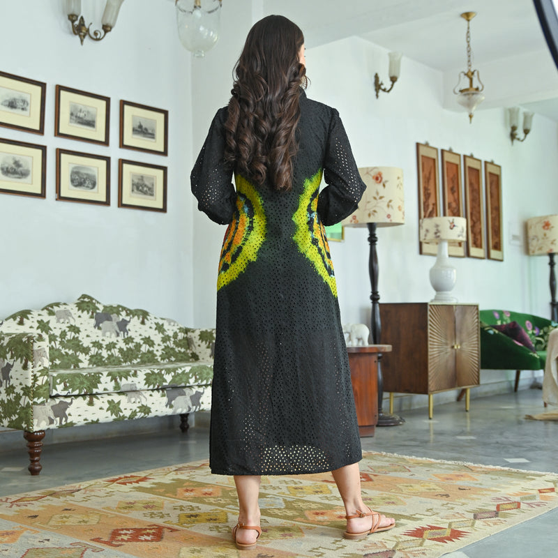 Serene Dawn Black Multicolor Schiffli Tie Dye Dress