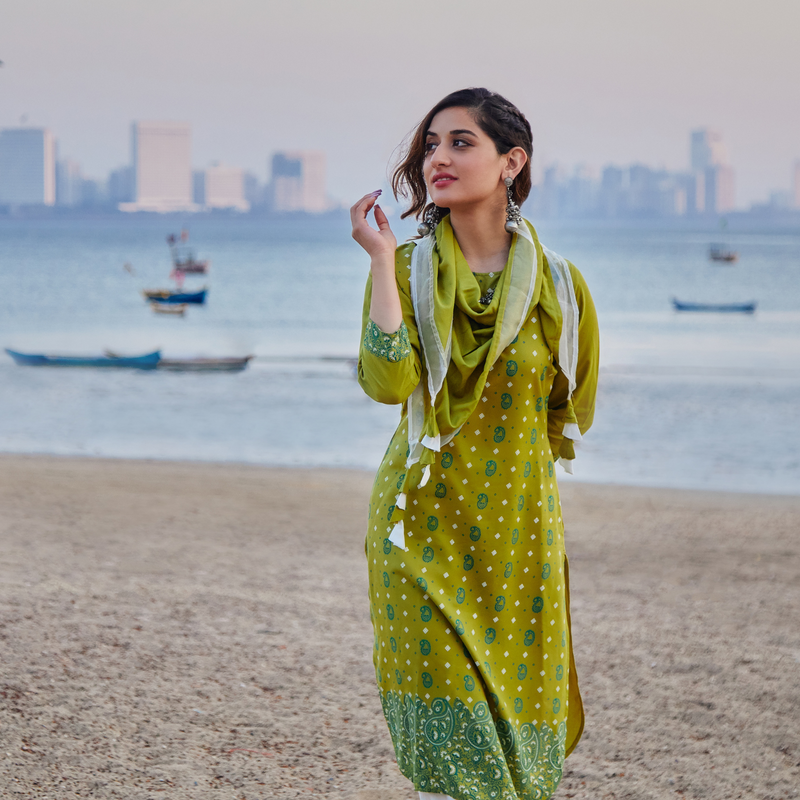 Olive Paisley Round Hem Kurta with Salwaar Pants & Scarf