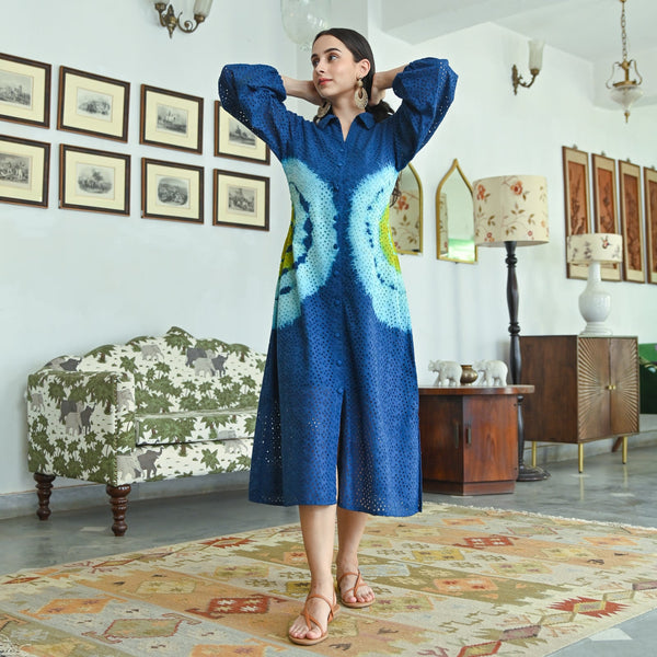 Serene Dawn Indigo Multicolor Schiffli Tie Dye Dress