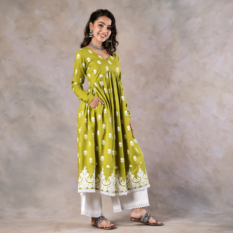 Olive Front Gathered Kurta