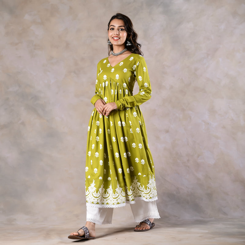 Olive Front Gathered Kurta