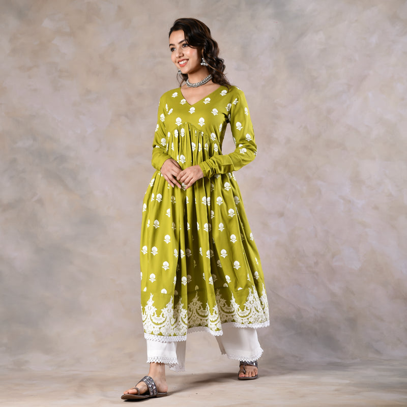 Olive Front Gathered Kurta