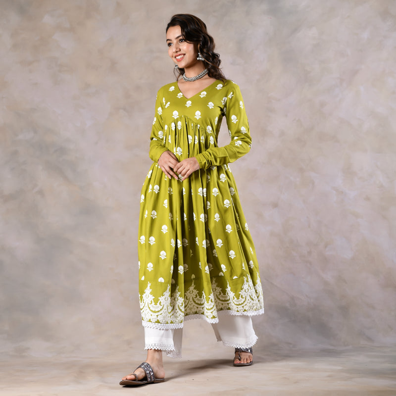 Olive Front Gathered Kurta