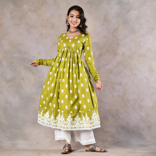 Olive Front Gathered Kurta