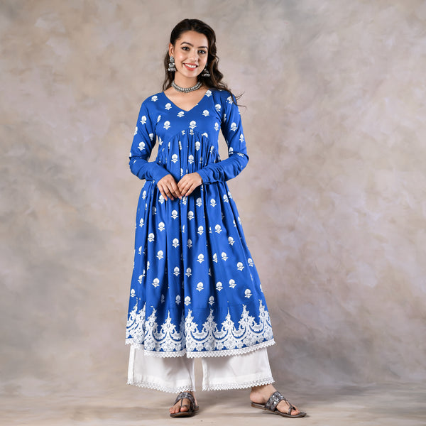 Blue Front Gathered Kurta Pant Set