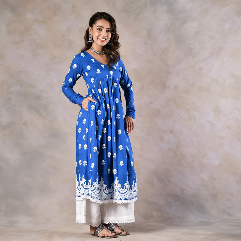 Blue Front Gathered Kurta Pant Set