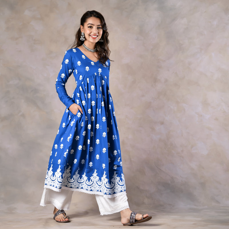 Blue Front Gathered Kurta Pant Set