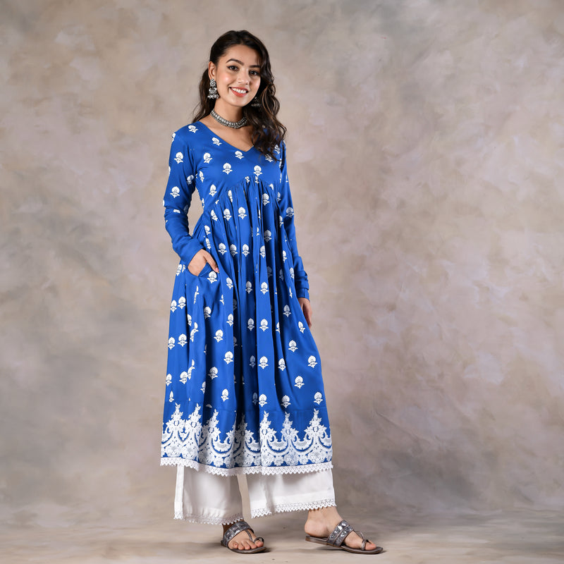 Blue Front Gathered Kurta Pant Set