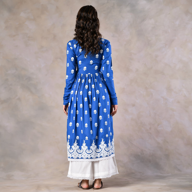 Blue Front Gathered Kurta Pant Set