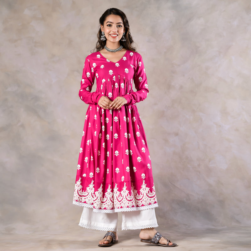 Pink Front Gathered Kurta Pant Set