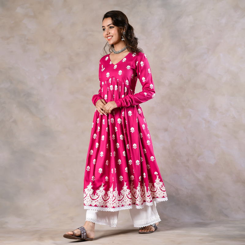 Pink Front Gathered Kurta Pant Set