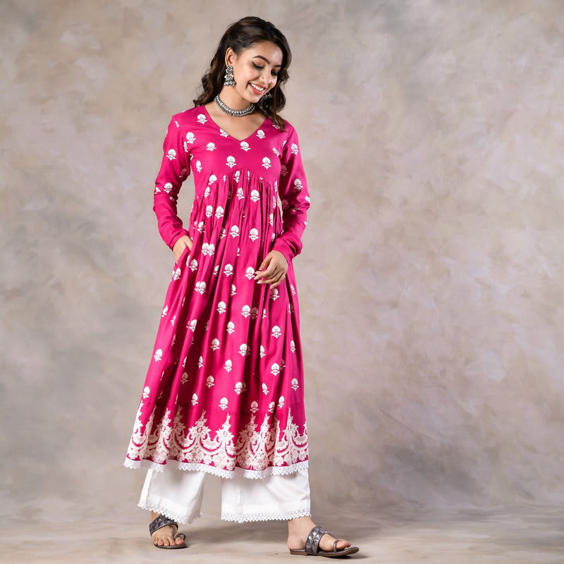 Pink Front Gathered Kurta