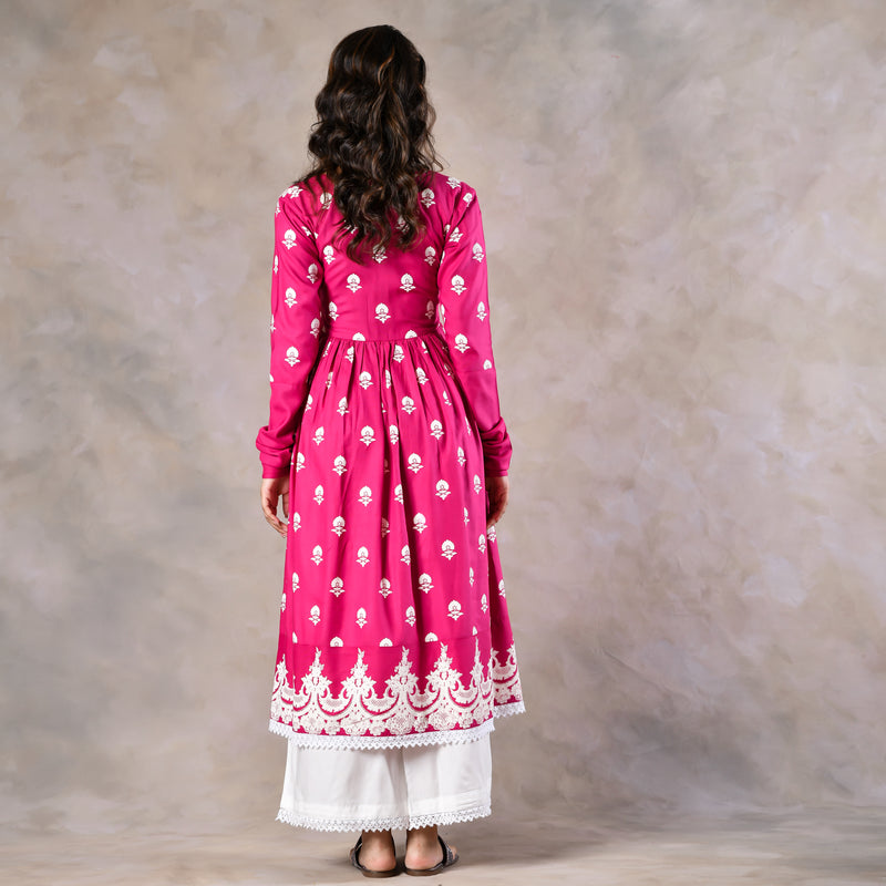 Pink Front Gathered Kurta Pant Set