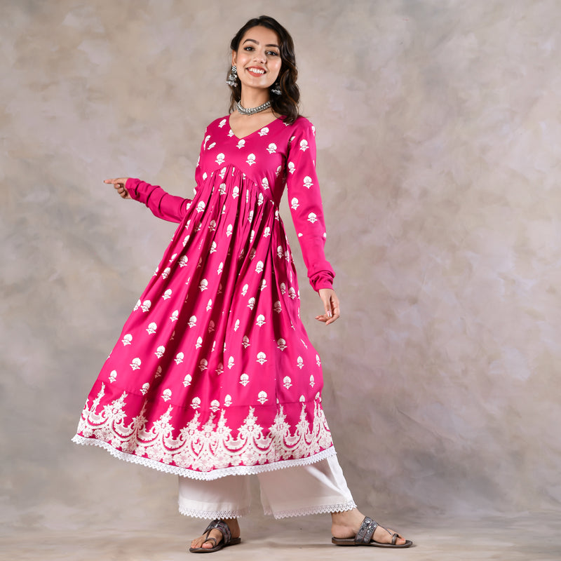 Pink Front Gathered Kurta Pant Set