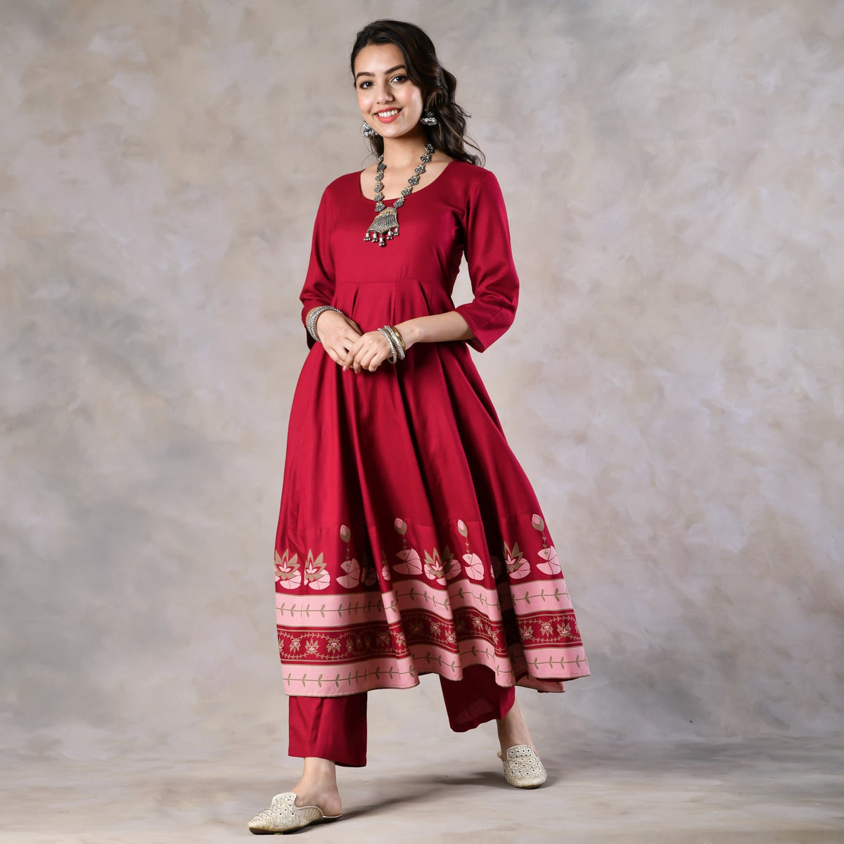 Maroon Pink Floral Flared Kurta