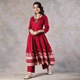 Maroon Pink Floral Flared Kurta