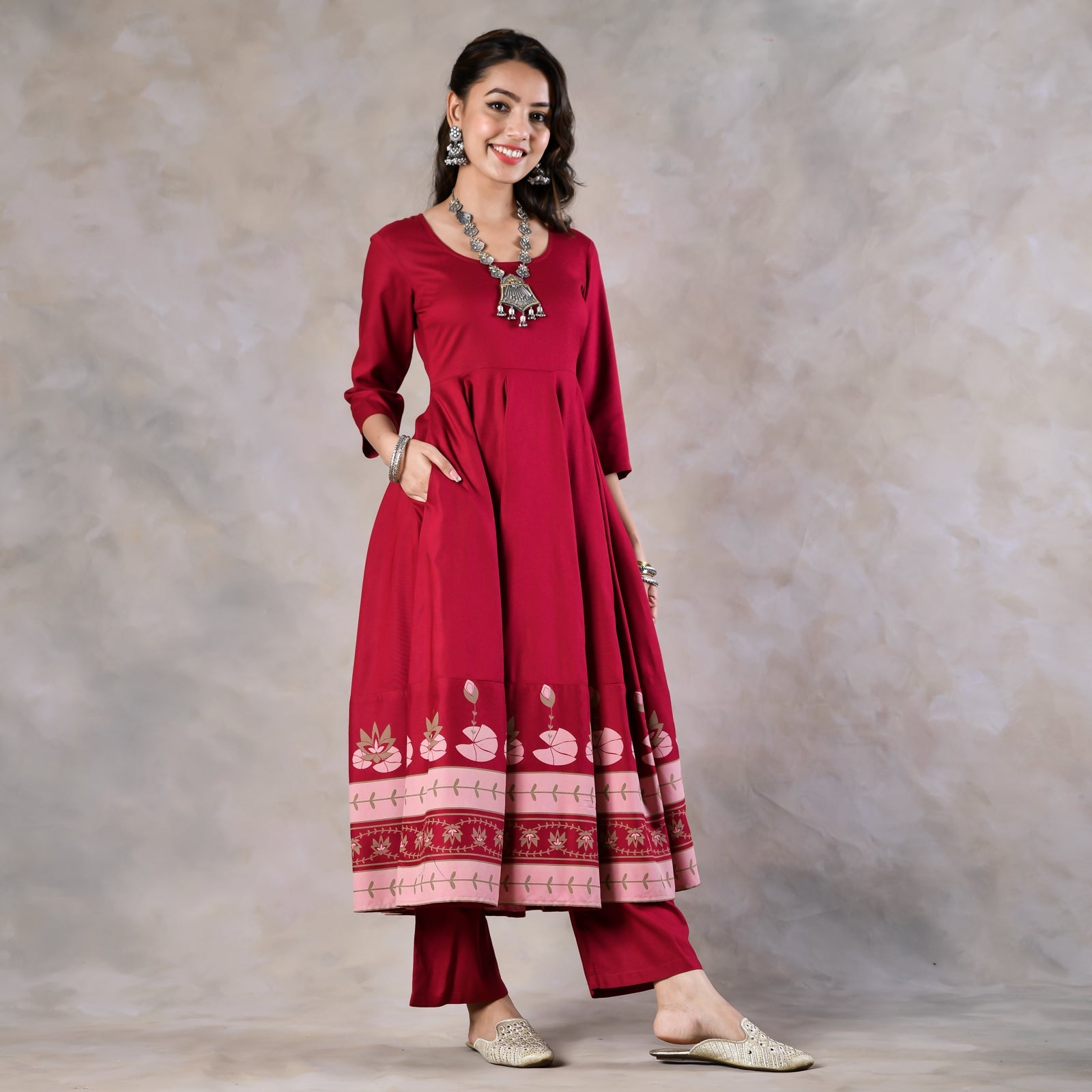Maroon Pink Floral Flared Kurta