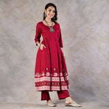 Maroon Pink Floral Flared Kurta