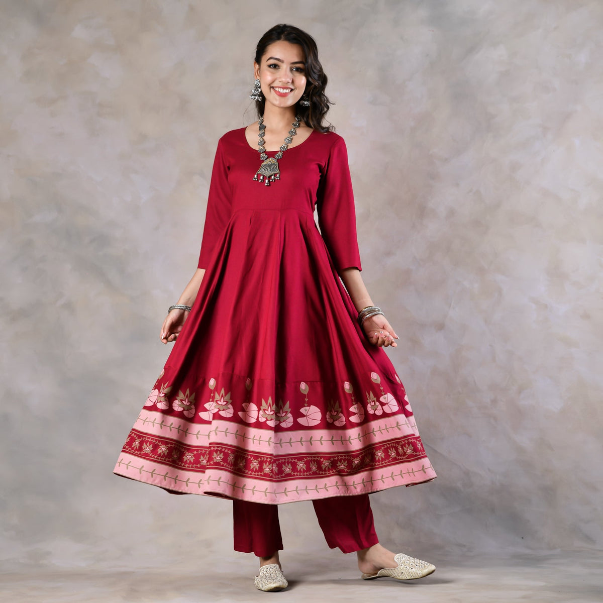 Maroon Pink Floral Flared Kurta