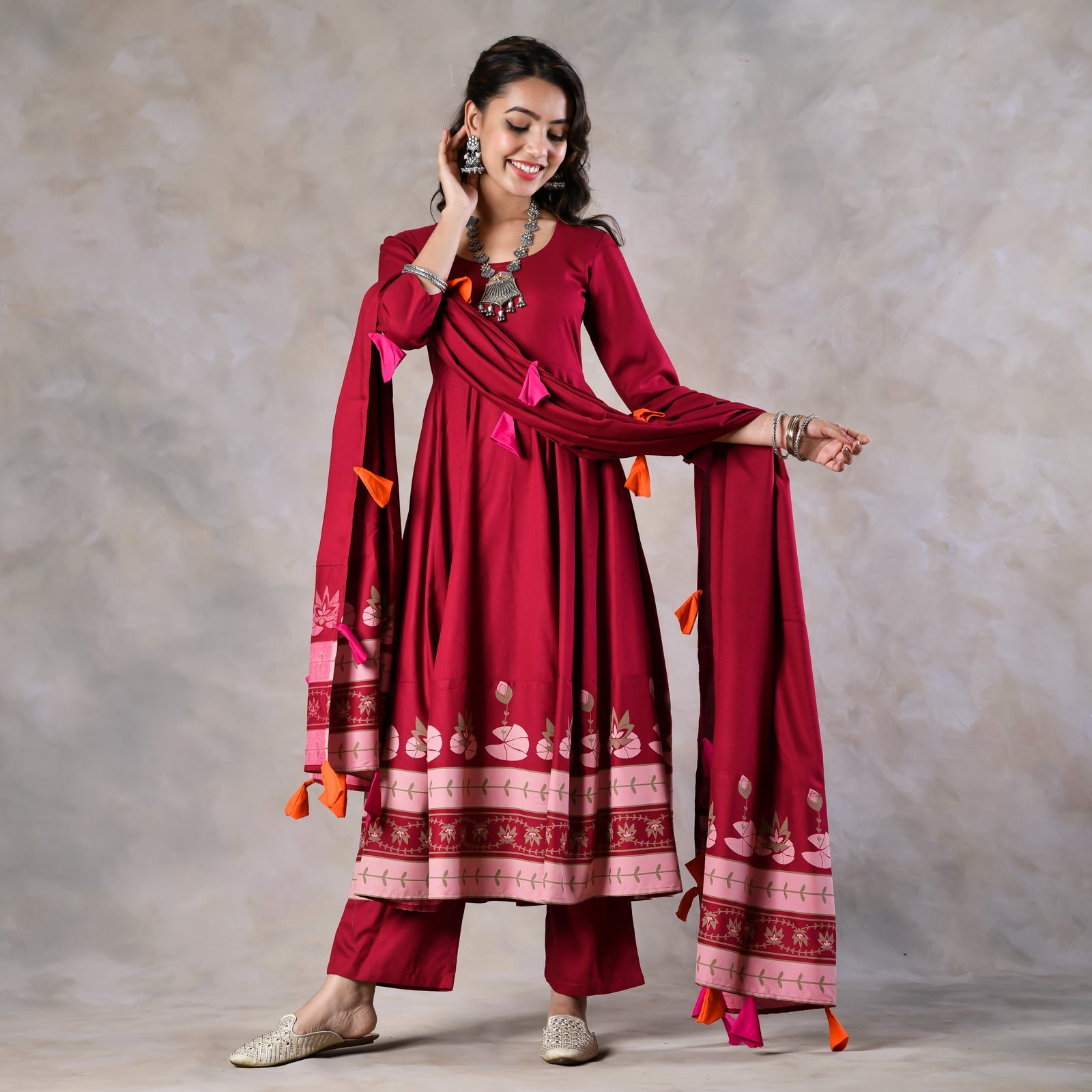 Maroon Pink Floral Flared Kurta