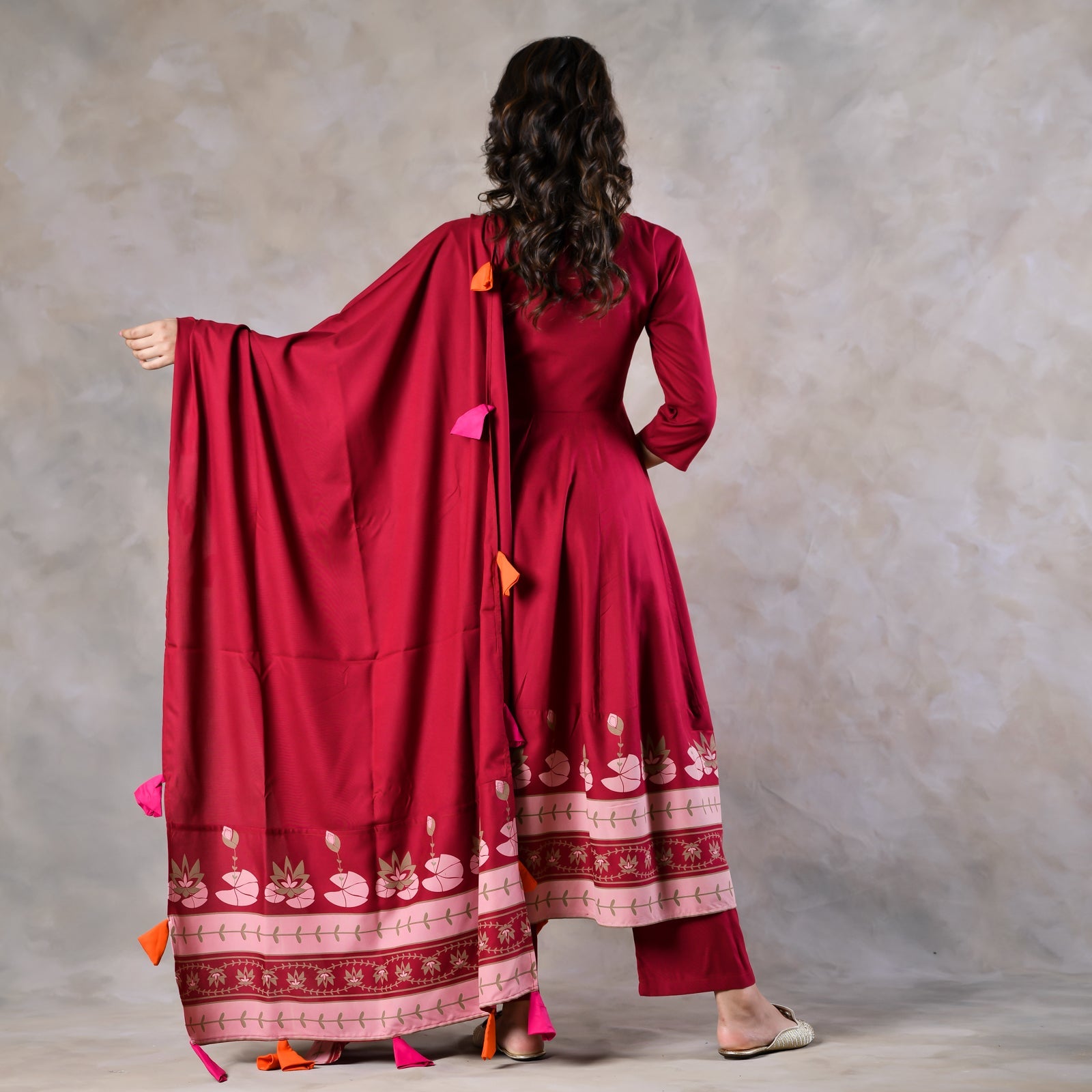 Maroon Pink Floral Flared Kurta