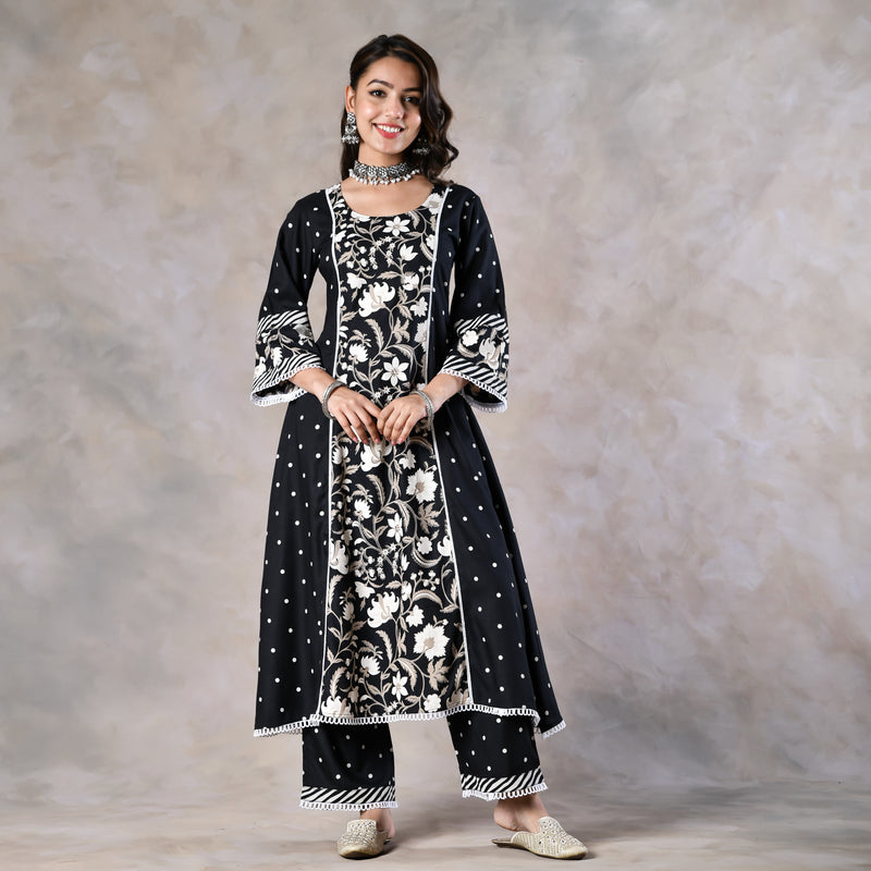 Black Floral Paneled Kurta Pant and Dupatta Set