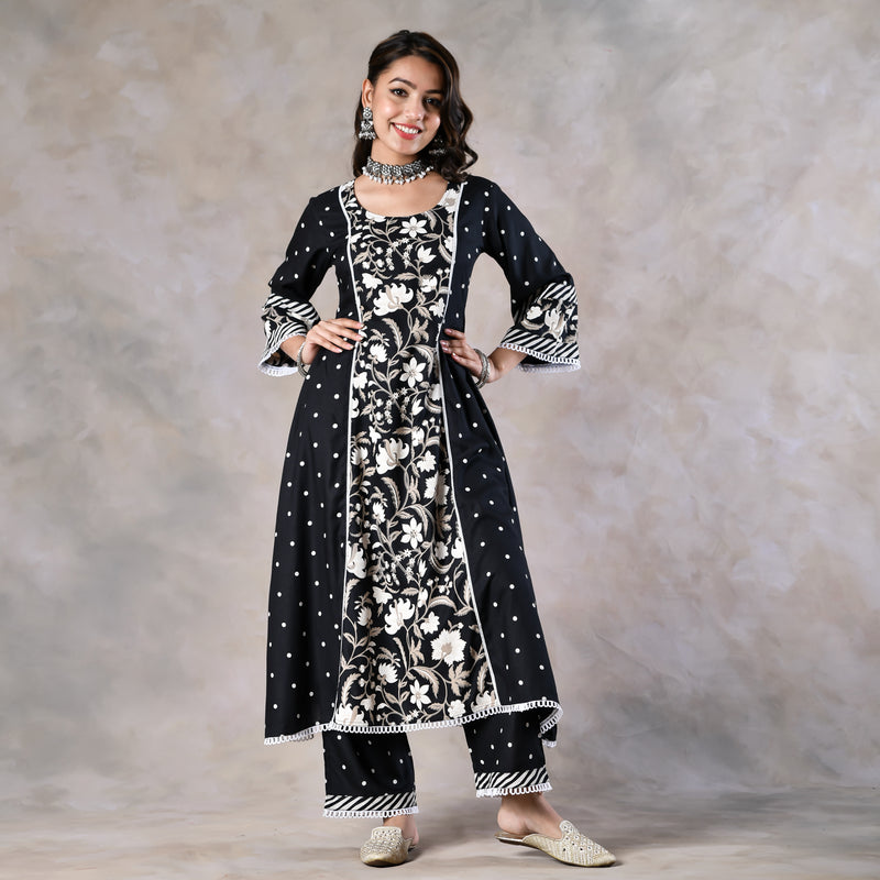 Black Floral Paneled Kurta Pant and Dupatta Set