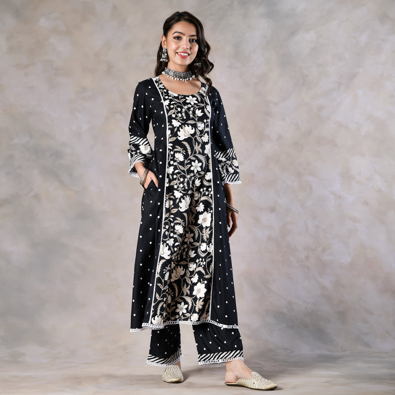 Black Floral Paneled Kurta Pant and Dupatta Set