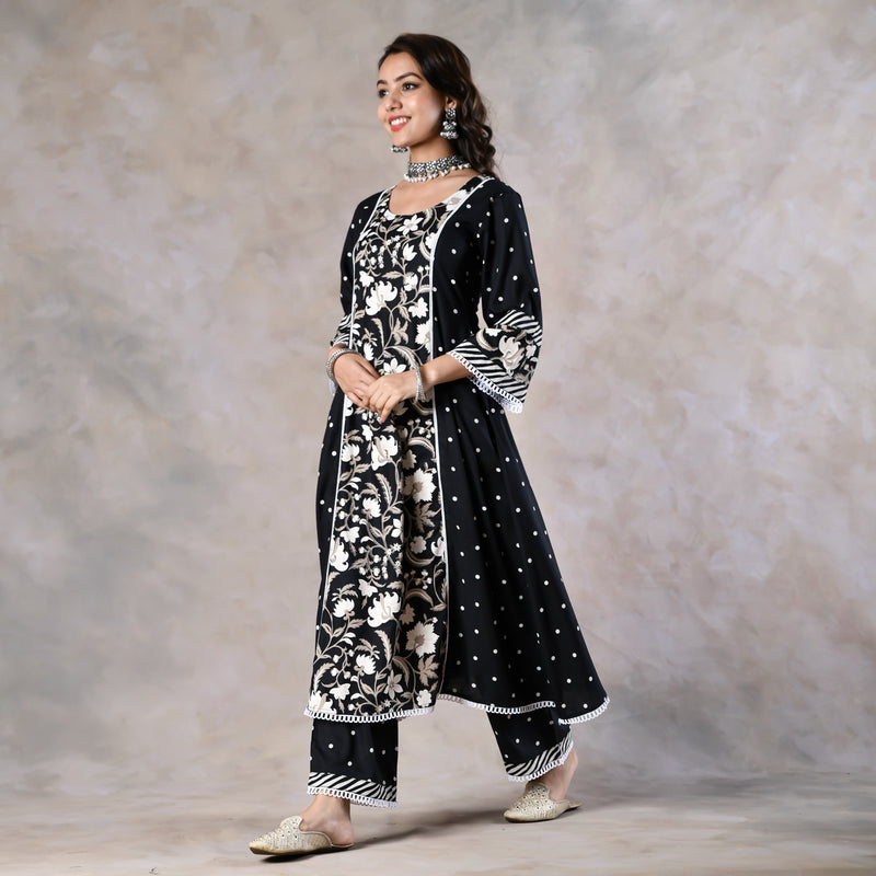 Black Floral Paneled Kurta Pant and Dupatta Set