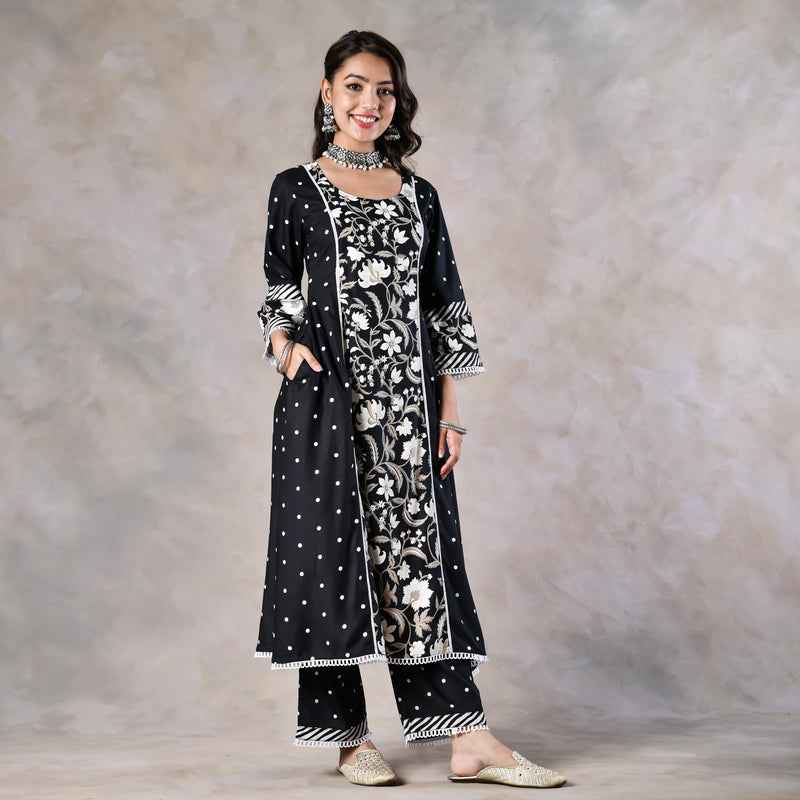 Black Floral Paneled Kurta Pant and Dupatta Set