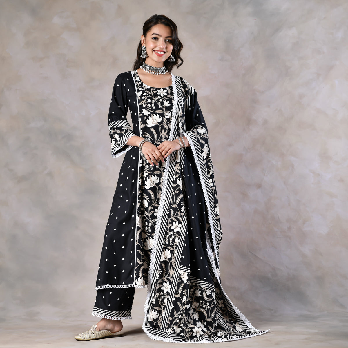 Black Floral Paneled Kurta Pant and Dupatta Set