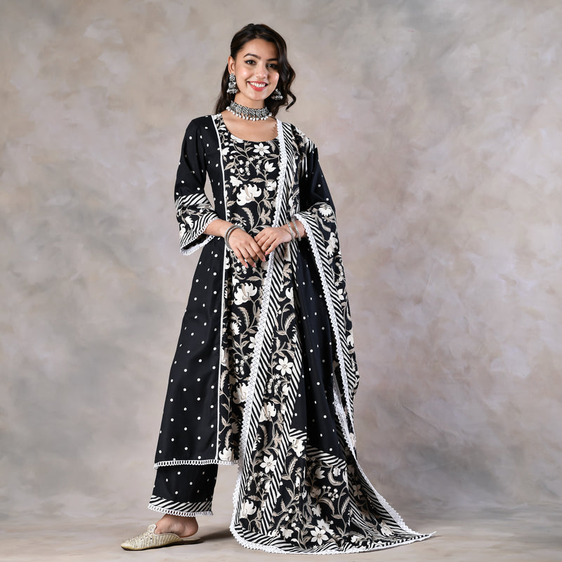 Black Floral Paneled Kurta Pant and Dupatta Set