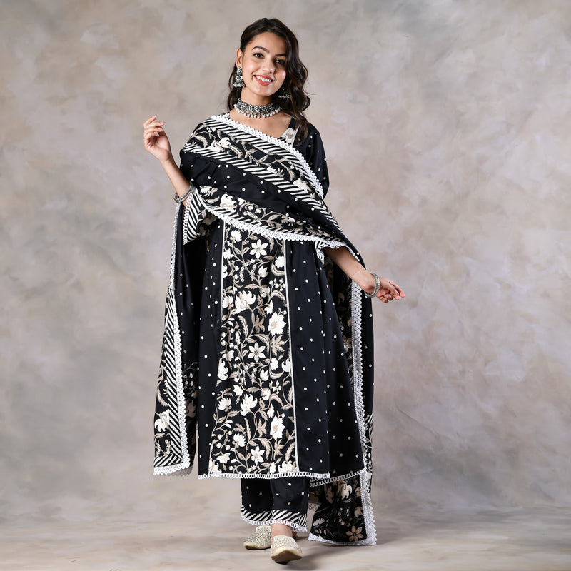 Black Floral Paneled Kurta Pant and Dupatta Set