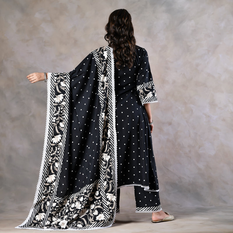 Black Floral Paneled Kurta Pant and Dupatta Set