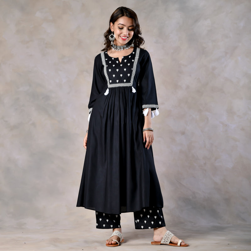 Black Front Gathered Kurta Pant and Dupatta Set with Tassels