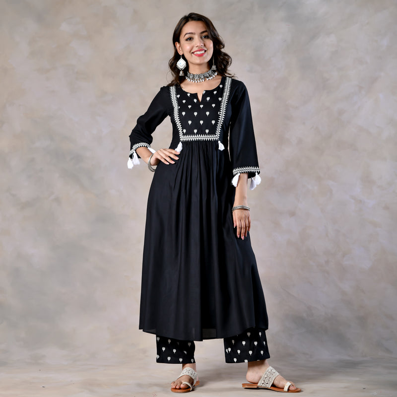 Black Front Gathered Kurta Pant and Dupatta Set with Tassels