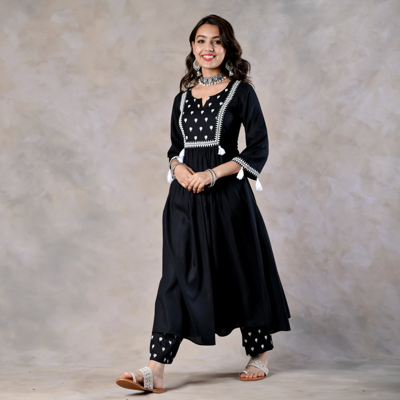 Black Front Gathered Kurta Pant and Dupatta Set with Tassels